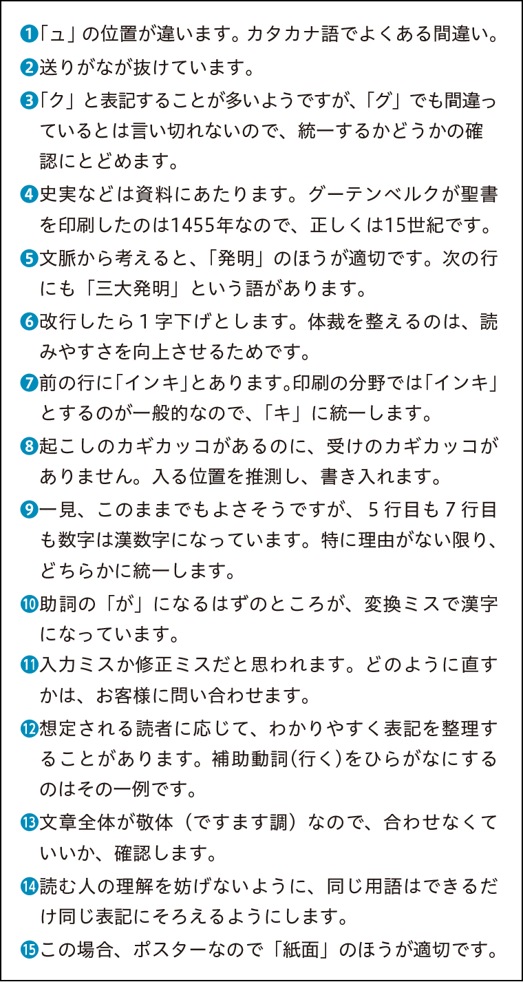 校閲・校正の例 読みやすく誤解のないように。組版は指定どおりか？適切な表現か？