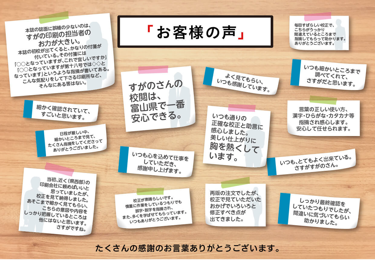 お客様の声 すがのさんの校閲は、富山県で一番安心できる。よく見てもらい、いつも感謝しています。いつも通りの正確な校正と助言に感心しました。美しい仕上がりに胸を熱くしています。本誌の誌面に誤植の少ないのは、すがの印刷の担当者のお力が大きい。