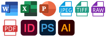 Word、Excel、PowerPoint、jpeg、TIFF、RAW、PDF、インデザイン、フォトショップ、イラストレーター